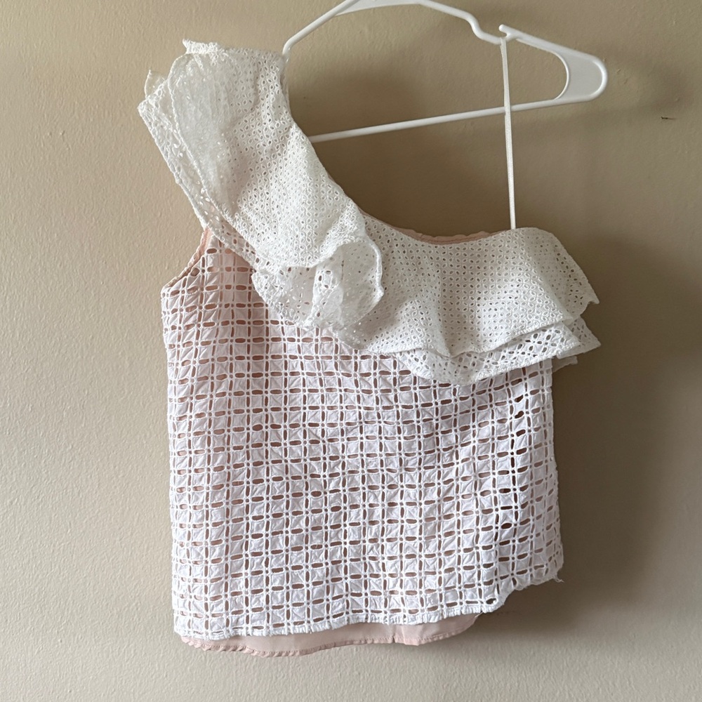 J. Crew White Eyelet One Shoulder Ruffle Asymmetrical Top 100% Cotton Size 4P